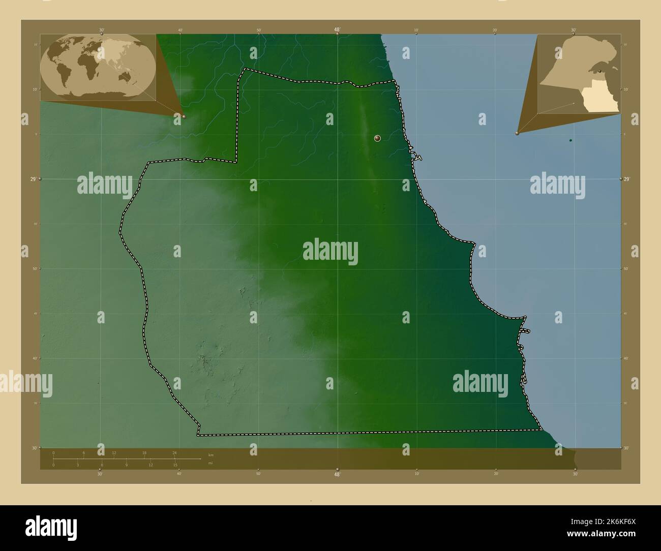 Al Ahmadi, province of Kuwait. Colored elevation map with lakes and