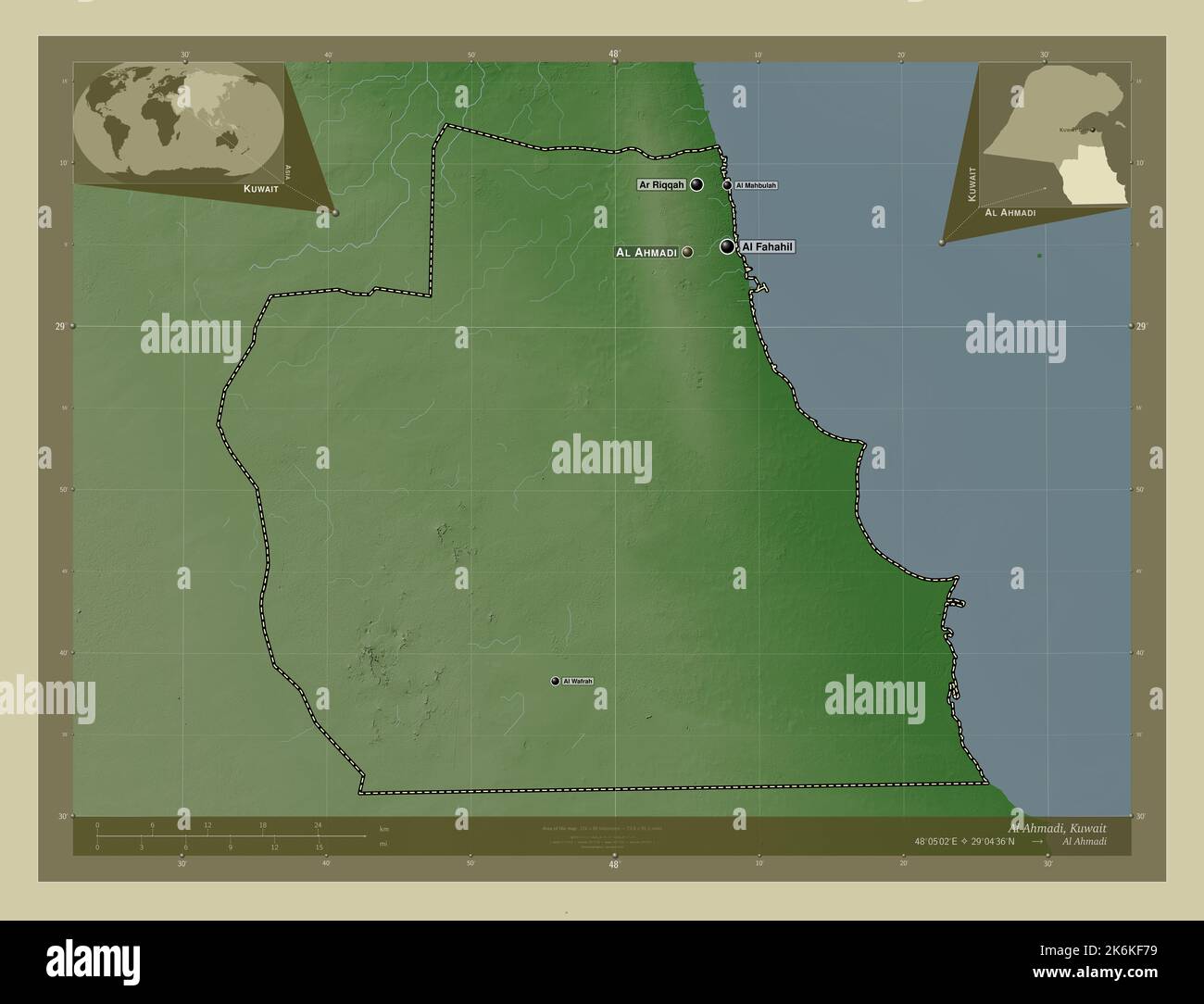 Al Ahmadi, province of Kuwait. Elevation map colored in wiki style with
