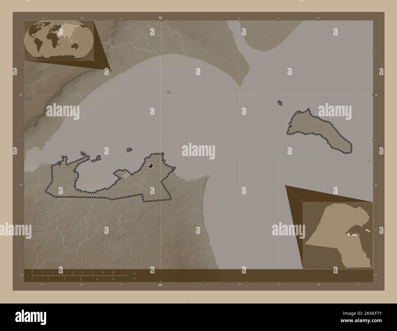 Al Asimah, province of Kuwait. Elevation map colored in sepia tones