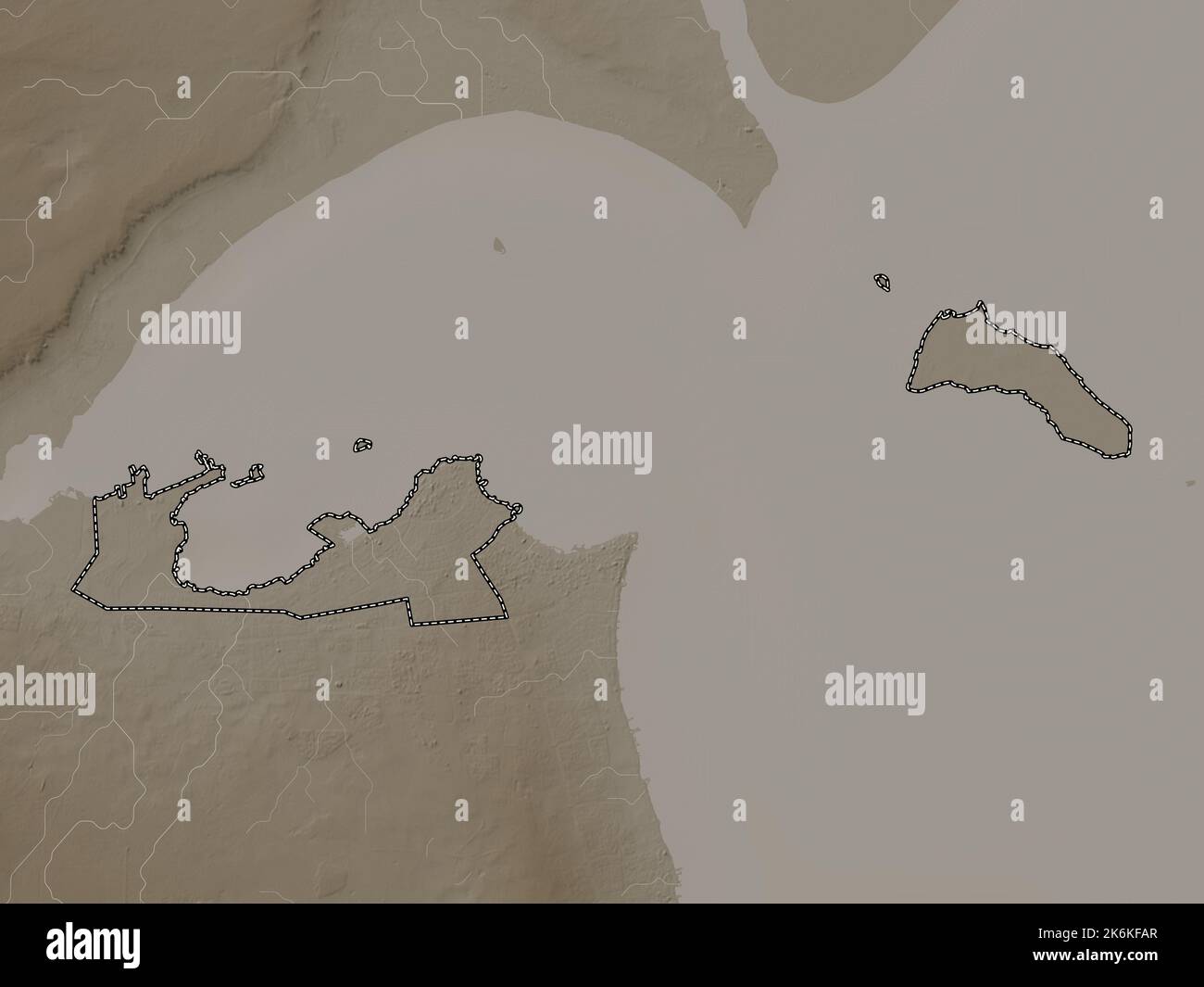 Al Asimah, province of Kuwait. Elevation map colored in sepia tones