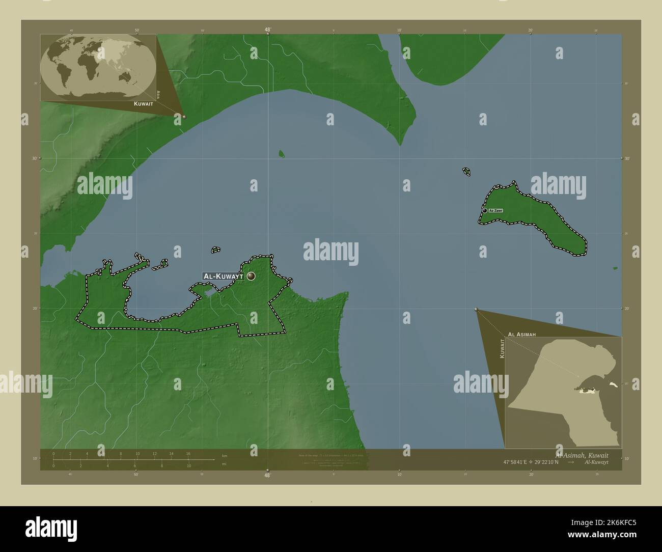 Al Asimah, province of Kuwait. Elevation map colored in wiki style with