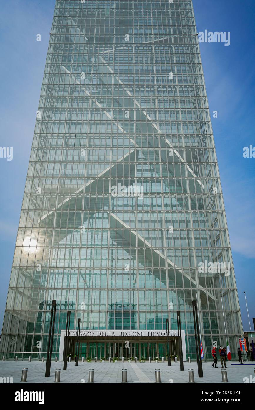 Main entrance of the new skyscraper headquarters of the Piedmont Region. Turin, Italy - October 2022 Stock Photo