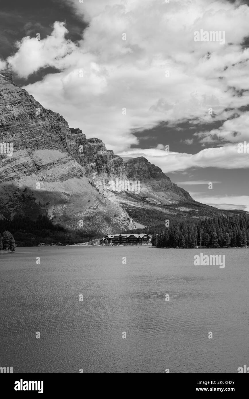 Photograph of the Many Glacier Hotel from the far side of Swiftcurrent