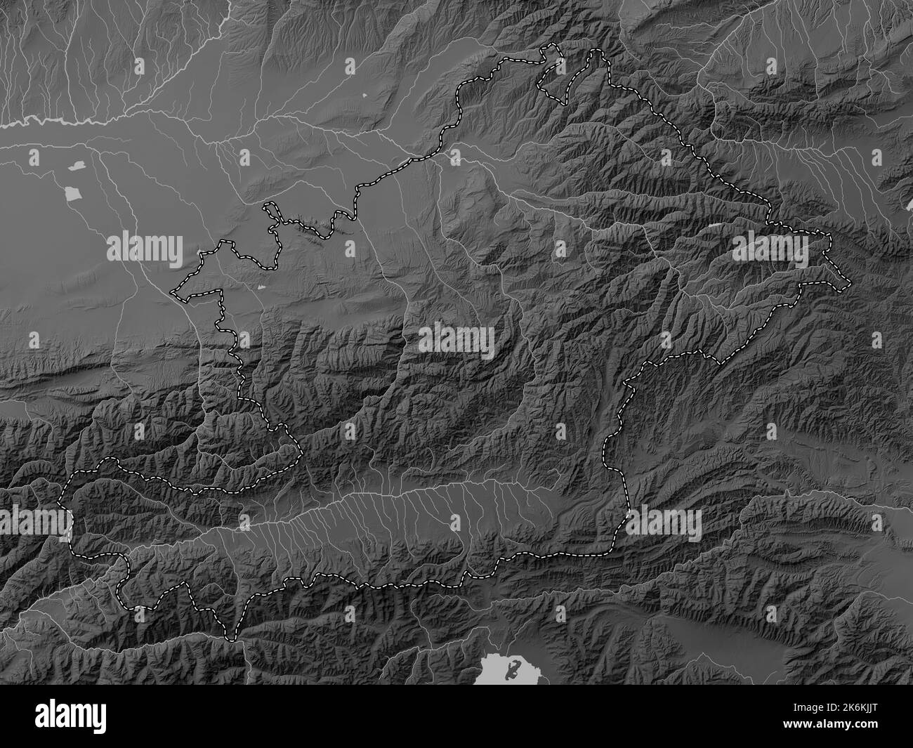 Osh, city of Kyrgyzstan. Grayscale elevation map with lakes and rivers ...
