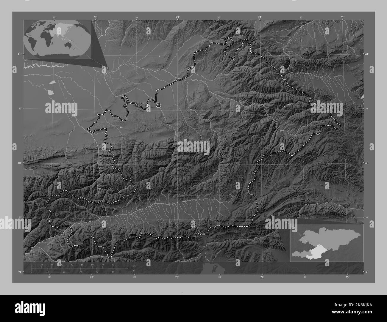 Osh, city of Kyrgyzstan. Grayscale elevation map with lakes and rivers ...