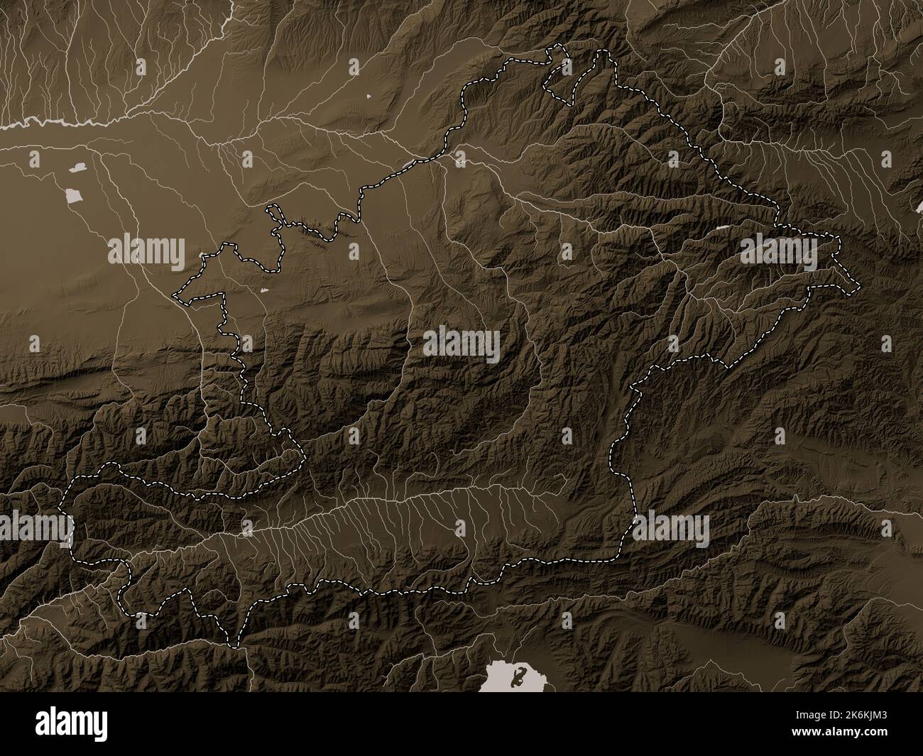 Osh, city of Kyrgyzstan. Elevation map colored in sepia tones with ...