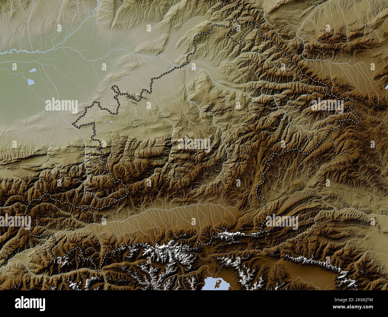 Osh, city of Kyrgyzstan. Elevation map colored in wiki style with lakes ...