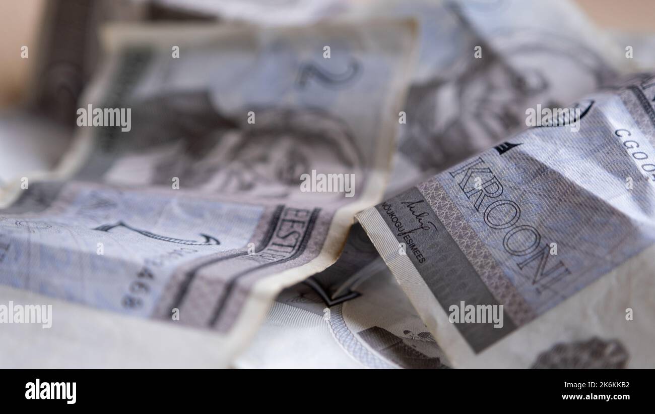 2 Estonian krone banknotes in a pile. A rich conceptual background of life. Old Estonian money. Stock Photo