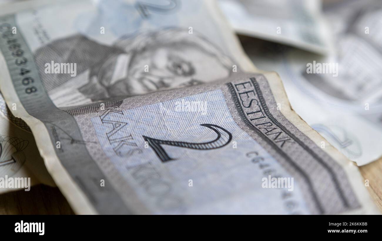 2 Estonian krone banknotes in a pile. A rich conceptual background of life. Old Estonian money. Stock Photo