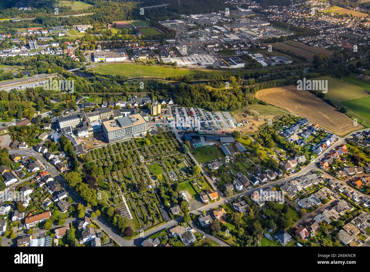 Aerial view, Klinikum Hochsauerland - Karolinen-Hospital Hüsten, construction site, catholic cemetery St. Petri, Hüsten, Arnsberg, Sauerland, North Rh Stock Photo