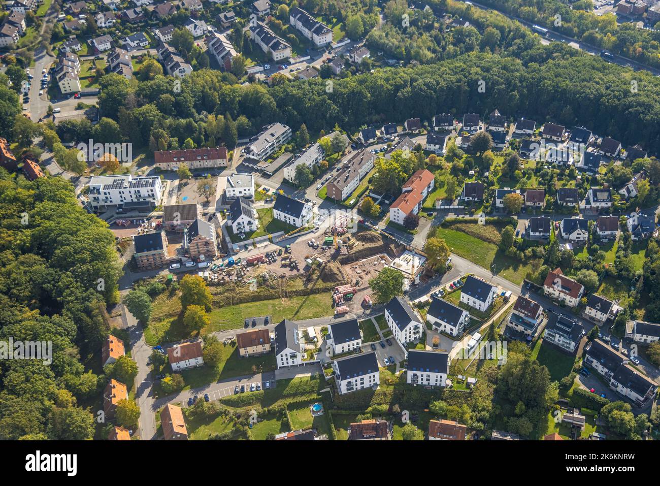 Aerial view, building area Zum Müggenberg, Neheim, Arnsberg, Sauerland, North Rhine-Westphalia, Germany, Construction work, Building area, Building si Stock Photo