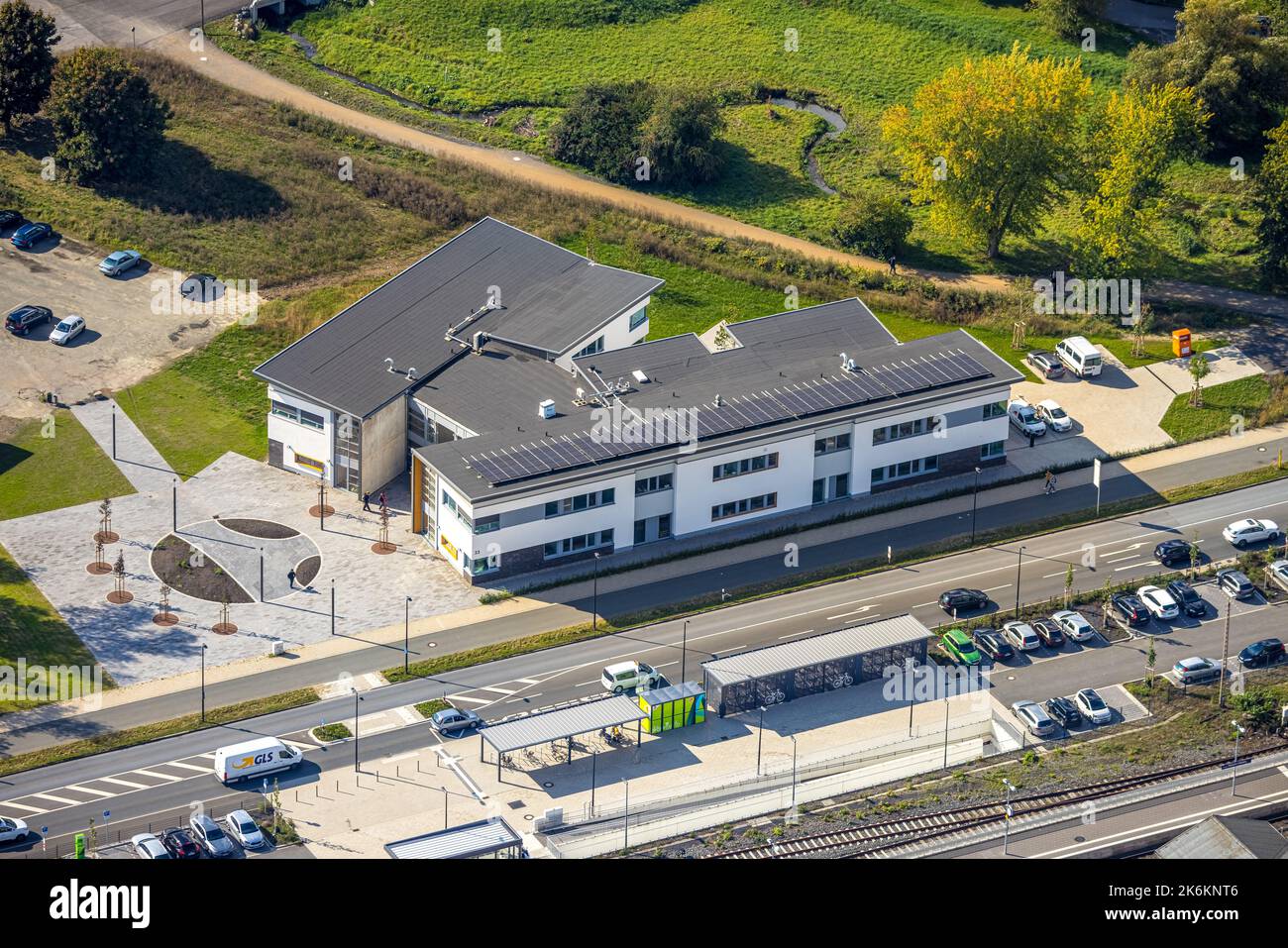 Aerial view, construction site and new building vocational training center on the educational campus at Kleinbahnstraße, Hüsten, Arnsberg, Sauerland, Stock Photo
