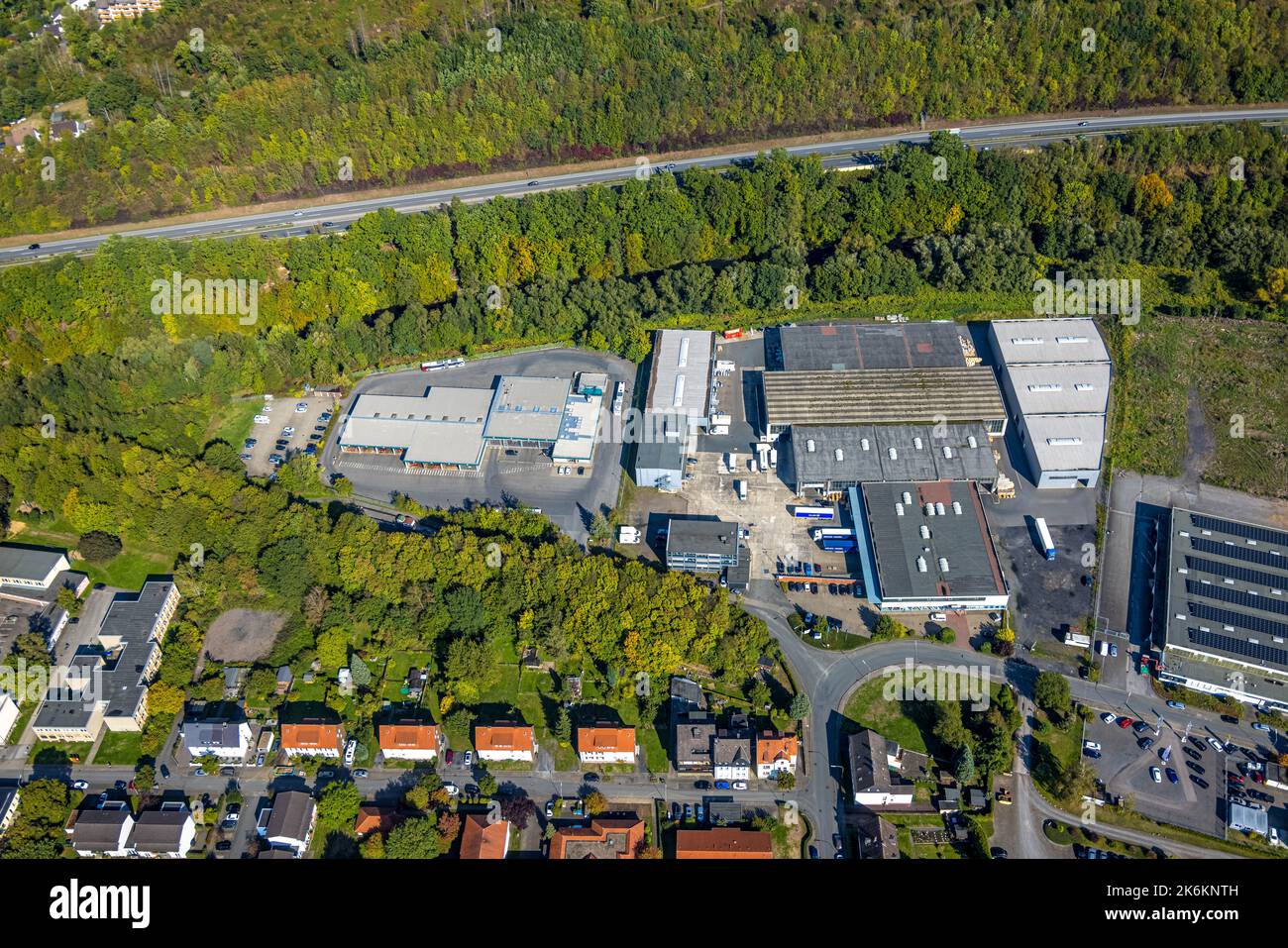 Aerial view, Gastro-Großküchen-Geräte GmbH, Grabenstraße, Hüsten, Arnsberg, Sauerland, North Rhine-Westphalia, Germany, DE, Europe, Commercial enterpr Stock Photo