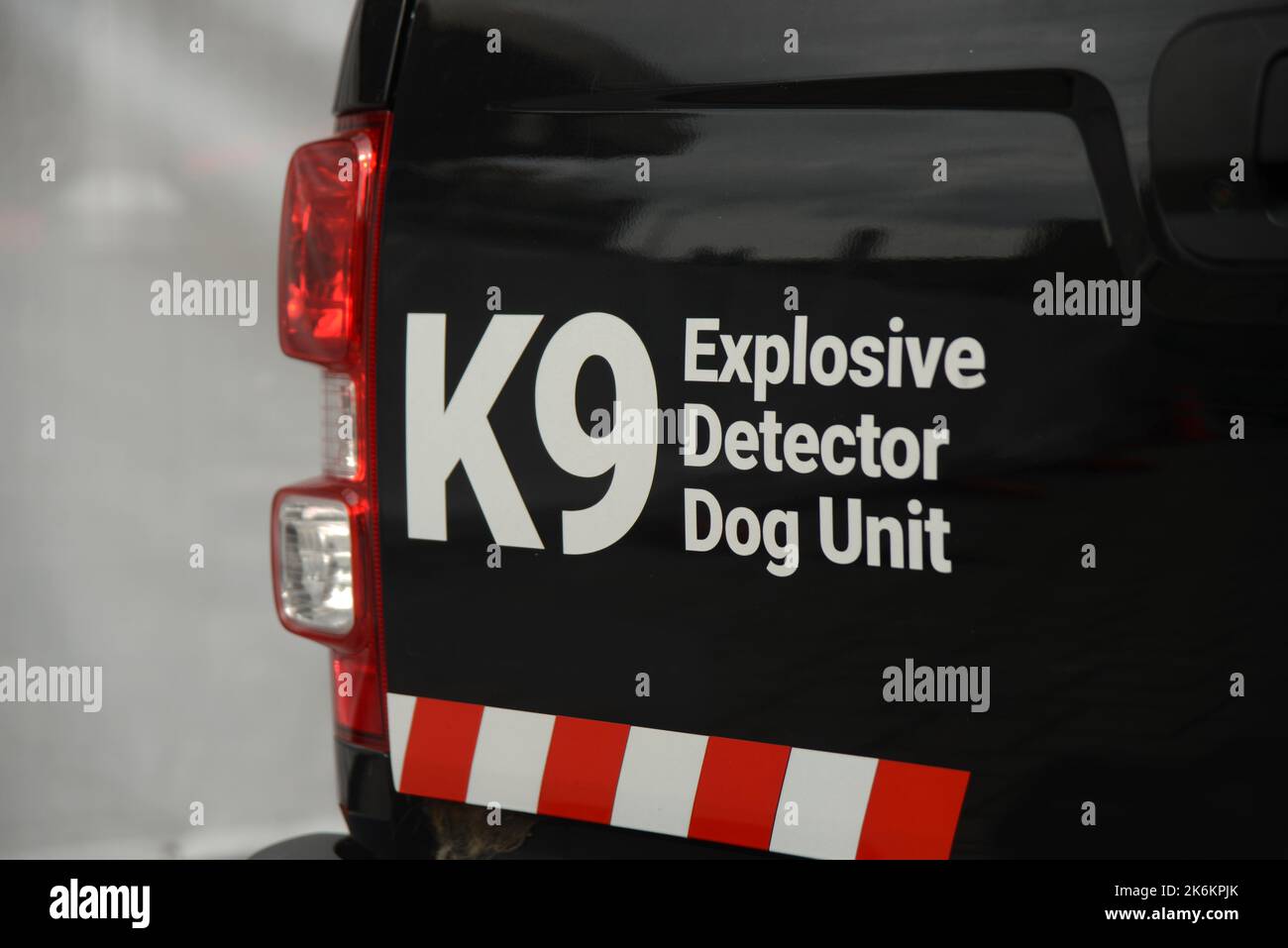 signage for K9 explosive detector dog unit Stock Photo