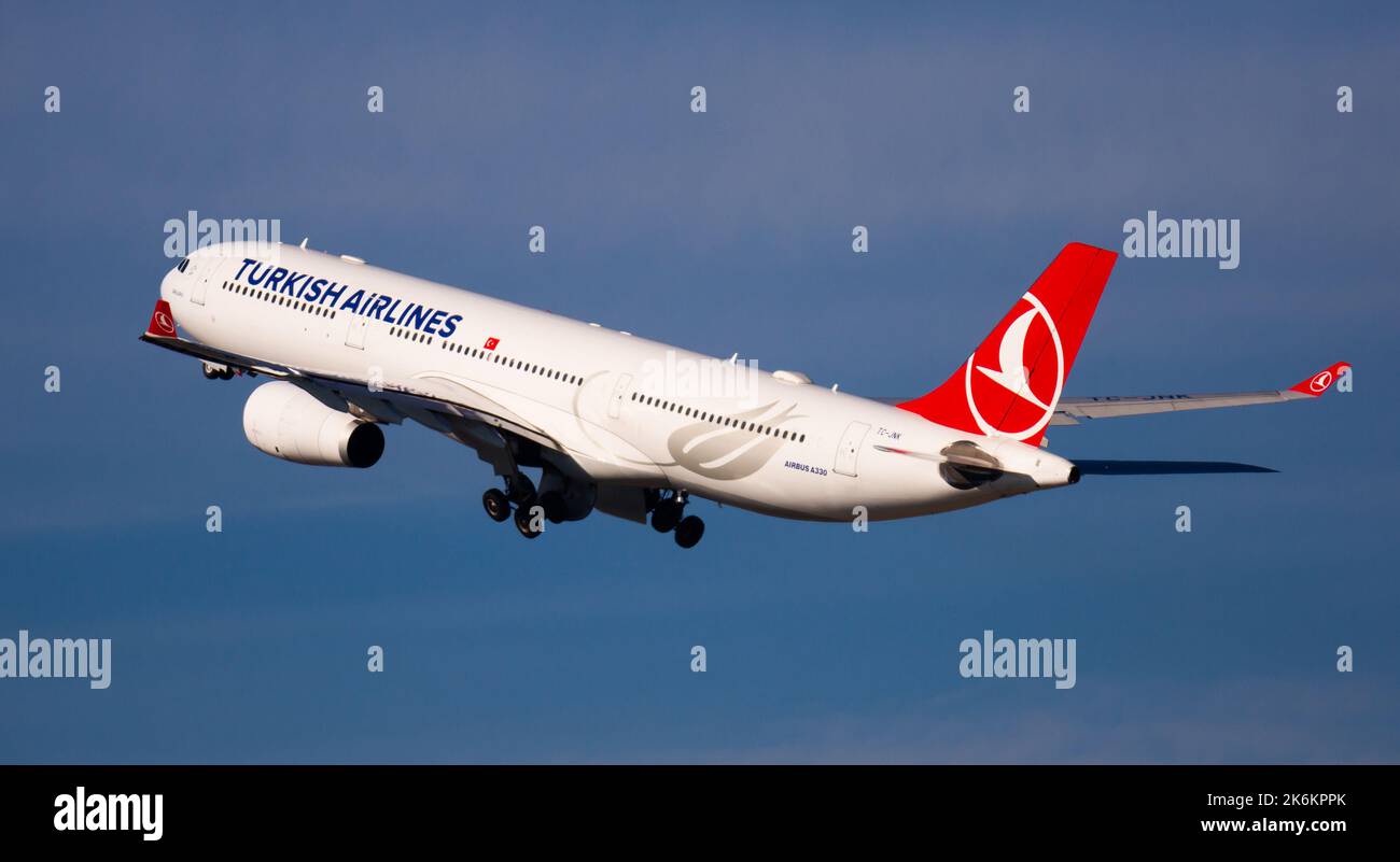 Airline Turkish Airlines plane take off from the runway at Barcelona El