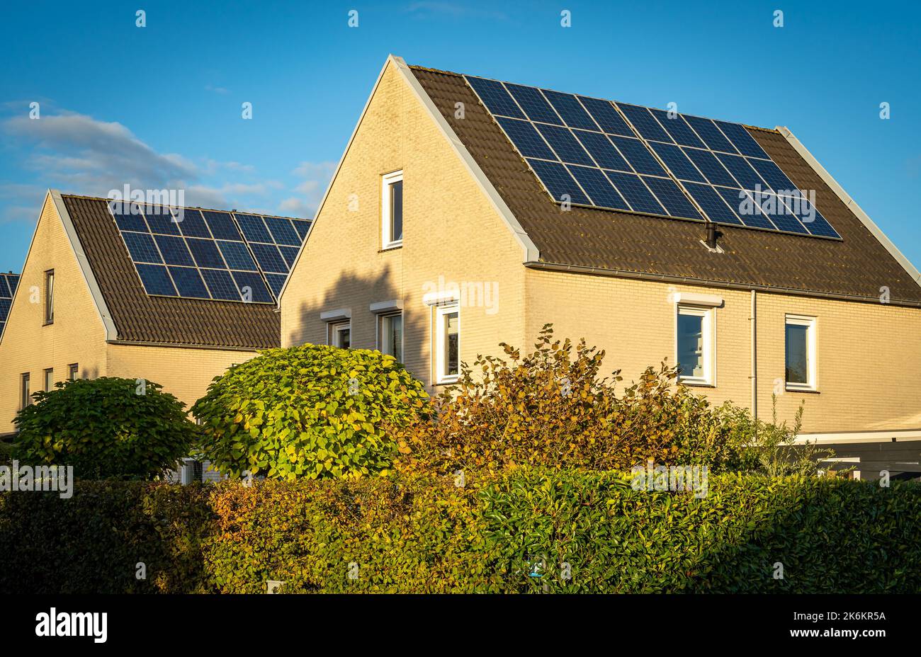 Solar panels on roofs on modern houses, largest photovoltaic
