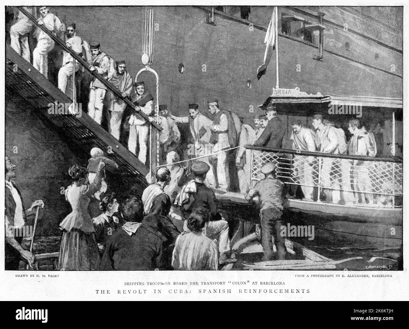 Troops embark for the revolt in Cuba - Spanish reinforcements on the transport Colon at Barcelona. From the Graphic newspaper, 1896 Stock Photo
