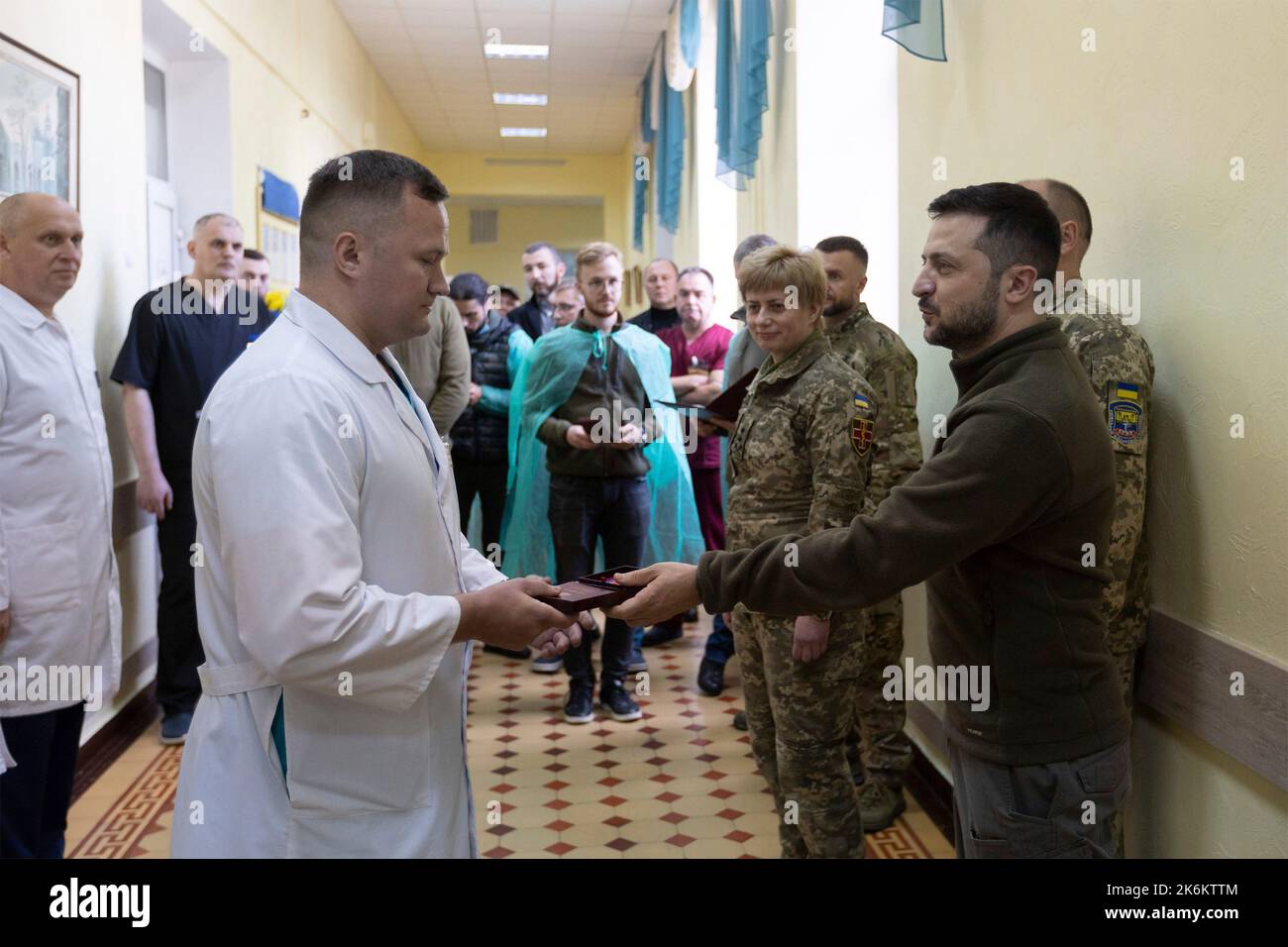 Kyiv, Ukraine. 14th Oct, 2022. Ukrainian President Volodymyr Zelenskyy, presents state awards to medical staff in honor of the Day of Defenders of Ukraine at a military hospital, October 14, 2022 in Kyiv, Ukraine. Credit: Ukrainian Presidential Press Office/Ukraine Presidency/Alamy Live News Stock Photo