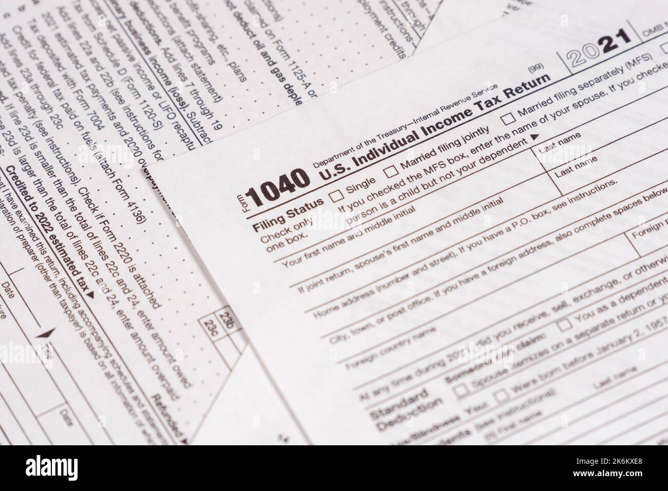 Shot of various IRS tax forms, 1040, 1120-S for sending in personal and corporate tax returns. Stock Photo