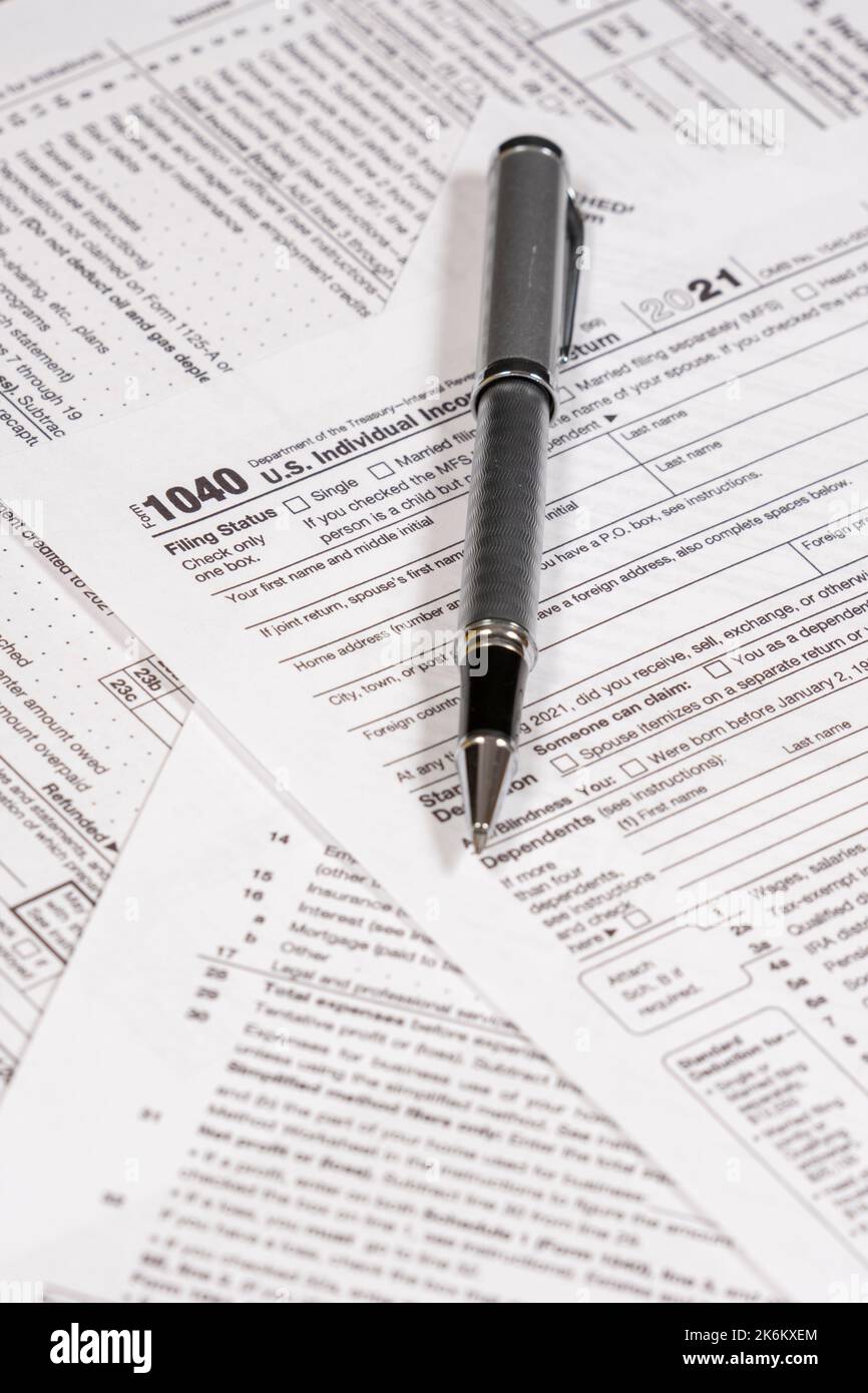 Shot of various IRS tax forms, 1040, 1120-S for sending in personal and corporate tax returns. Stock Photo