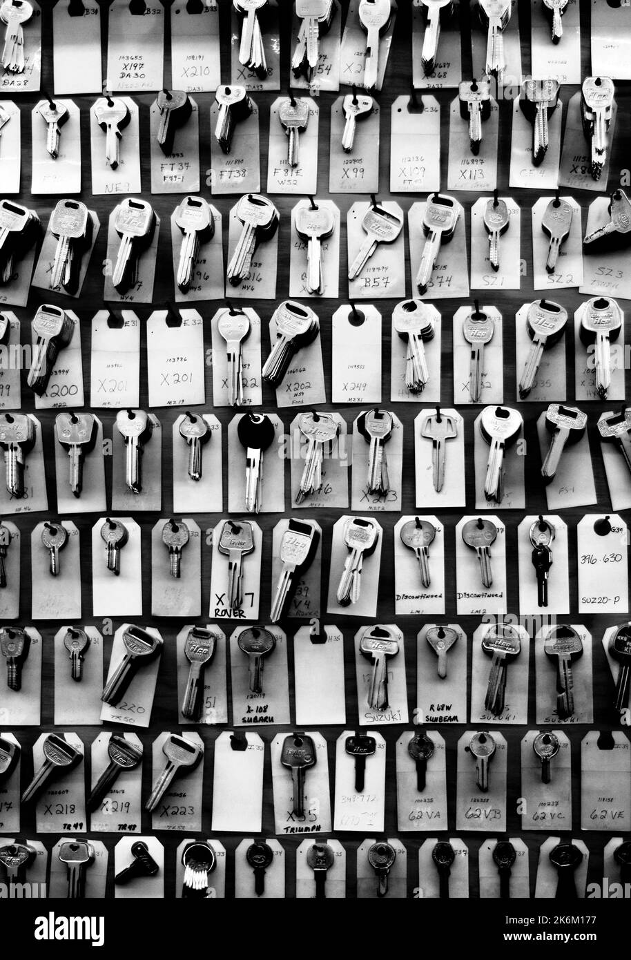 A variety of automobile keys in a key and locksmith shop in Santa Fe