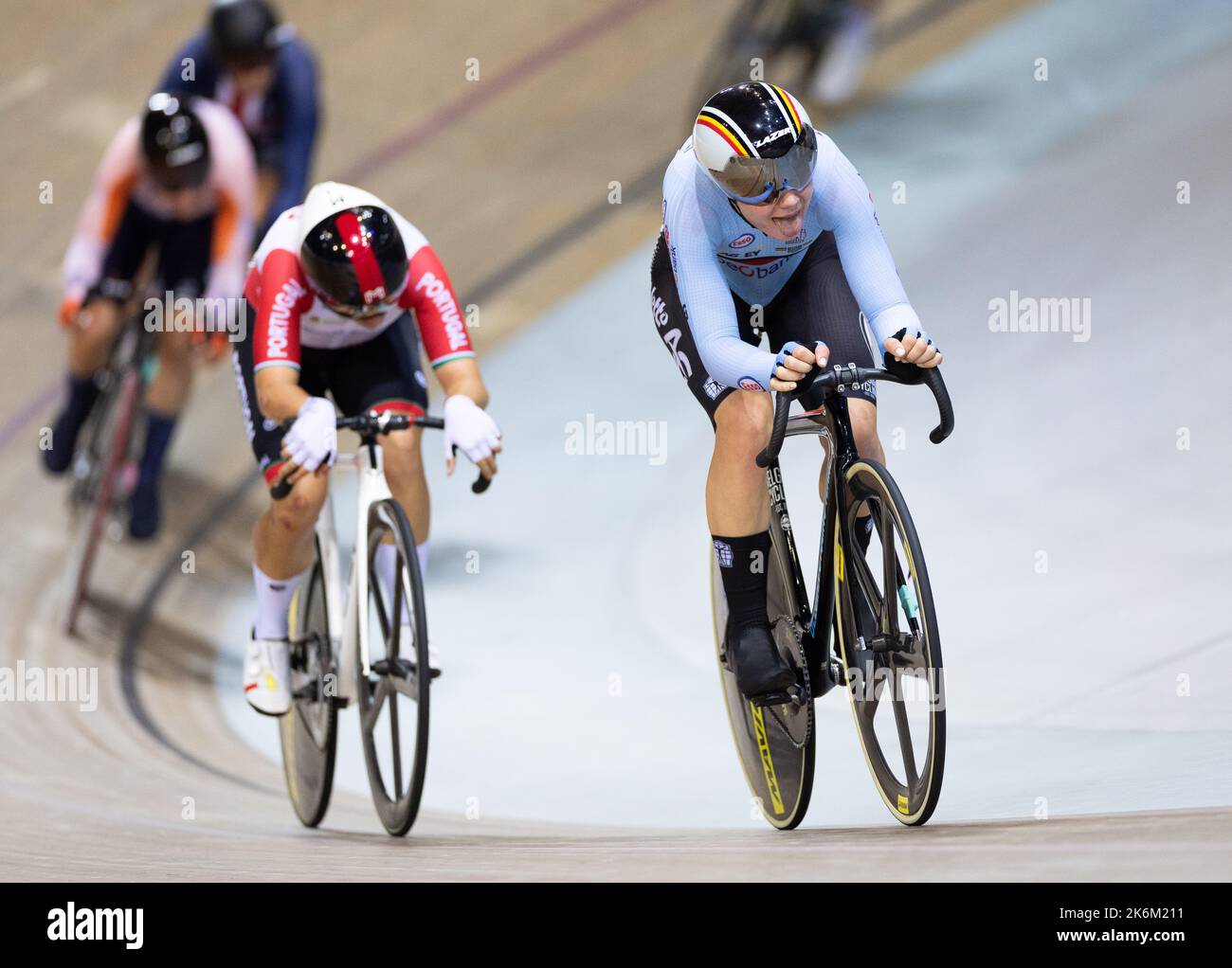 France. 14th Oct, 2022. Belgian Lotte Kopecky pictured in action during the Points race, part of