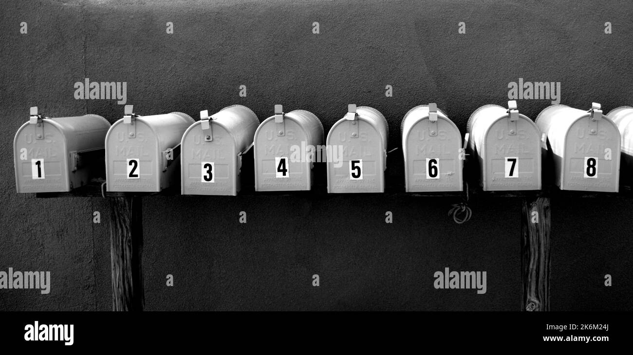 A row of mailboxes in Santa Fe, New Mexico. Stock Photo