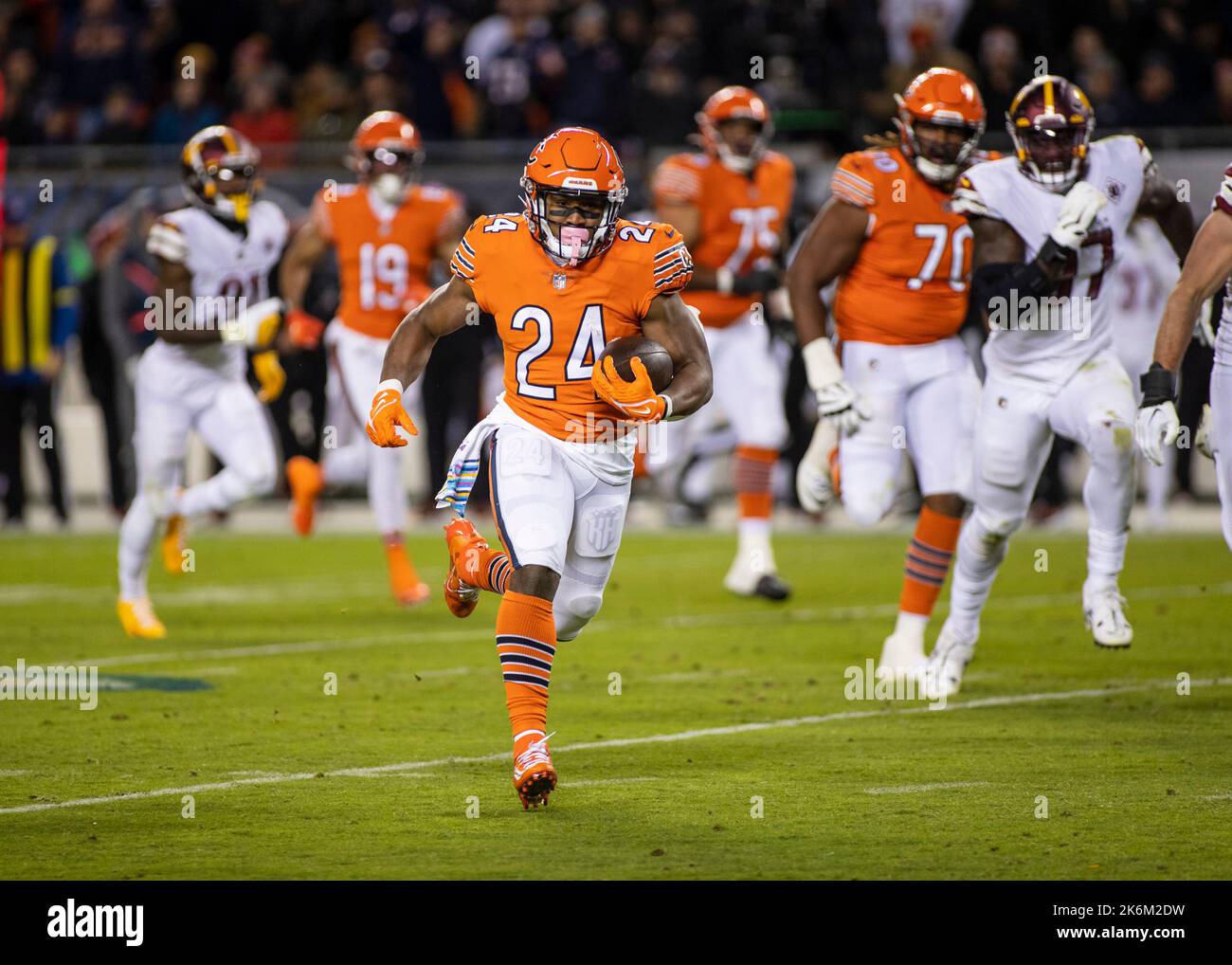 October 13, 2022: Chicago, Illinois, U.S. - Chicago Bears #58 Roquan Smith  chases Washington Commanders #11 Carson Wentz during the game between the  Washington Commanders and the Chicago Bears at Soldier Field