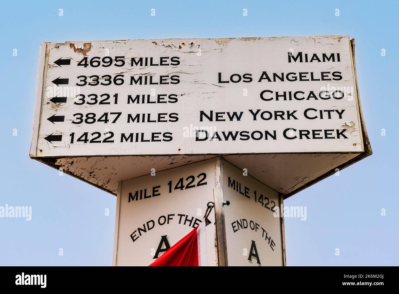 Signage showing distances to other cities at terminus of the Alaska Highway; Delta Junction; Alaska; USA Stock Photo