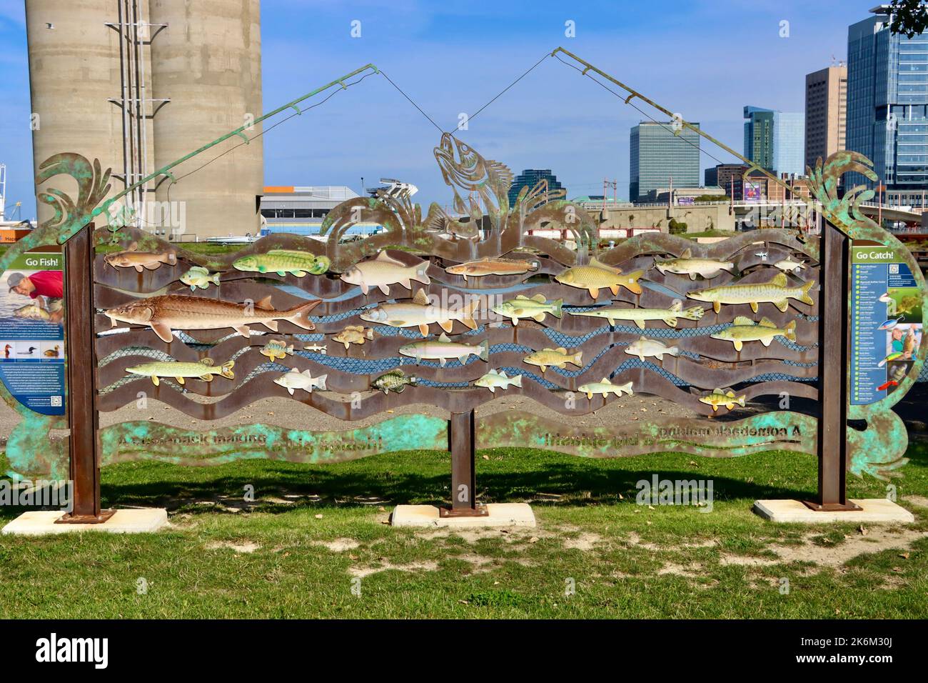 Artwork by the harbor and Cuyahoga river with all the different fish in Lake Erie. Stock Photo