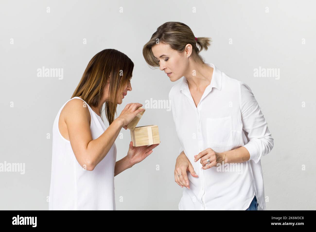 Young beautiful woman with smile gives a present to her friend. Happy birthday Stock Photo