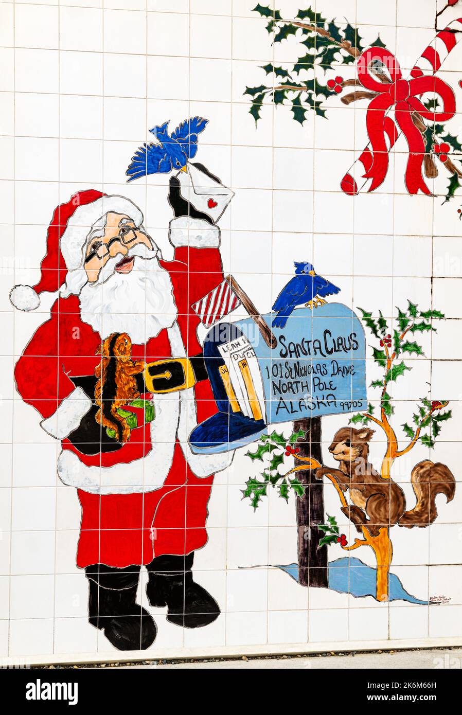 Christmas holiday illustrations on buildings at the North Pole; Alaska; USA Stock Photo