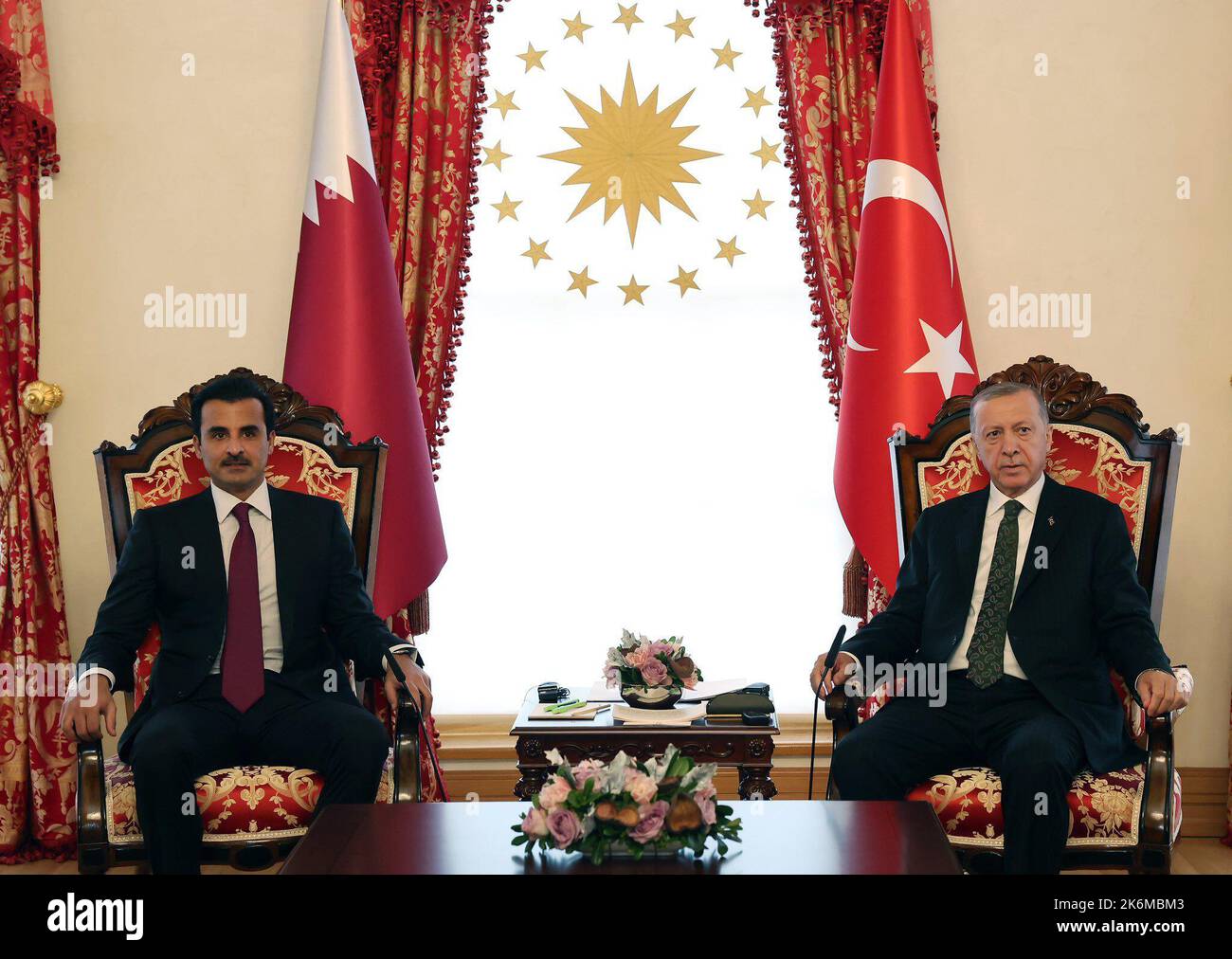 Istanbul. 14th Oct, 2022. Turkish President Recep Tayyip Erdogan (R) meets with visiting Qatari Emir Sheikh Tamim bin Hamad Al Thani in Istanbul, T¨¹rkiye, on Oct. 14, 2022. T¨¹rkiye and Qatar signed 11 new agreements during the eighth meeting of their Supreme Strategic Committee in Istanbul on Friday, state-run Anadolu Agency reported. Credit: Xinhua/Alamy Live News Stock Photo