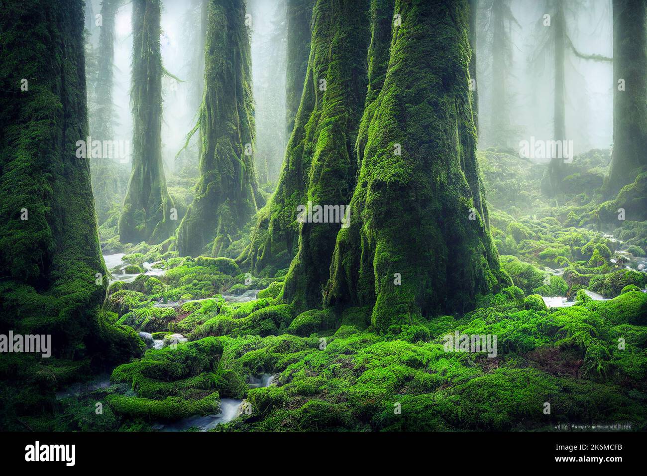 Moss covered trees in a foggy forest Stock Photo - Alamy