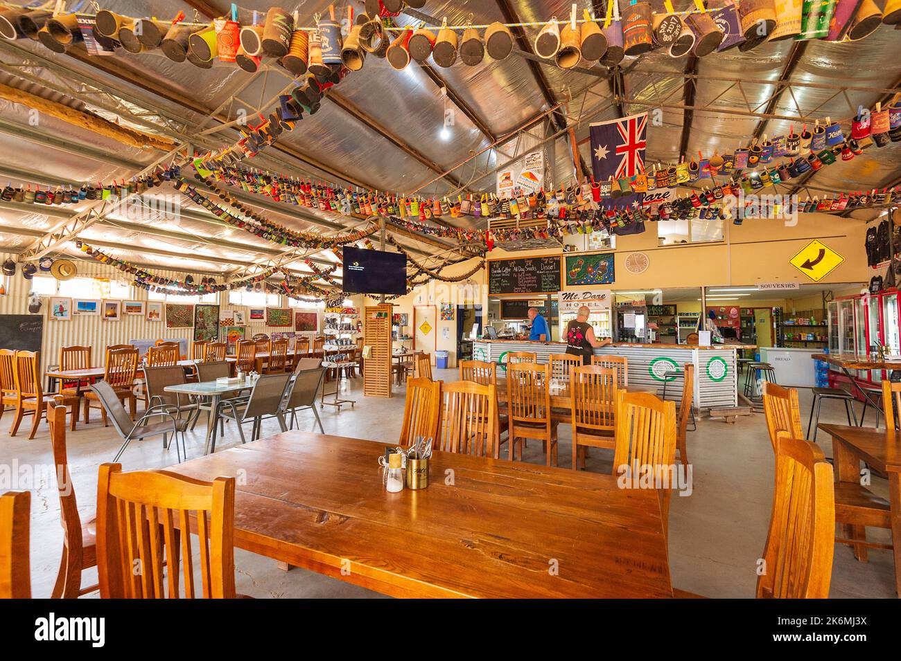 The interior of Mt Dare Hotel, a very remote pub, restaurant and campsite on the Binns Track in the Simpson Desert, Northern Territory, NT, Australia Stock Photo