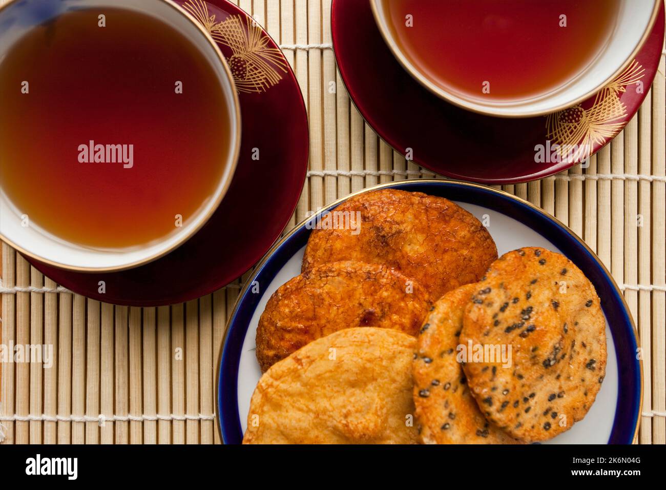 Senbei rice crackers tea Tokyo Japan Stock Photo
