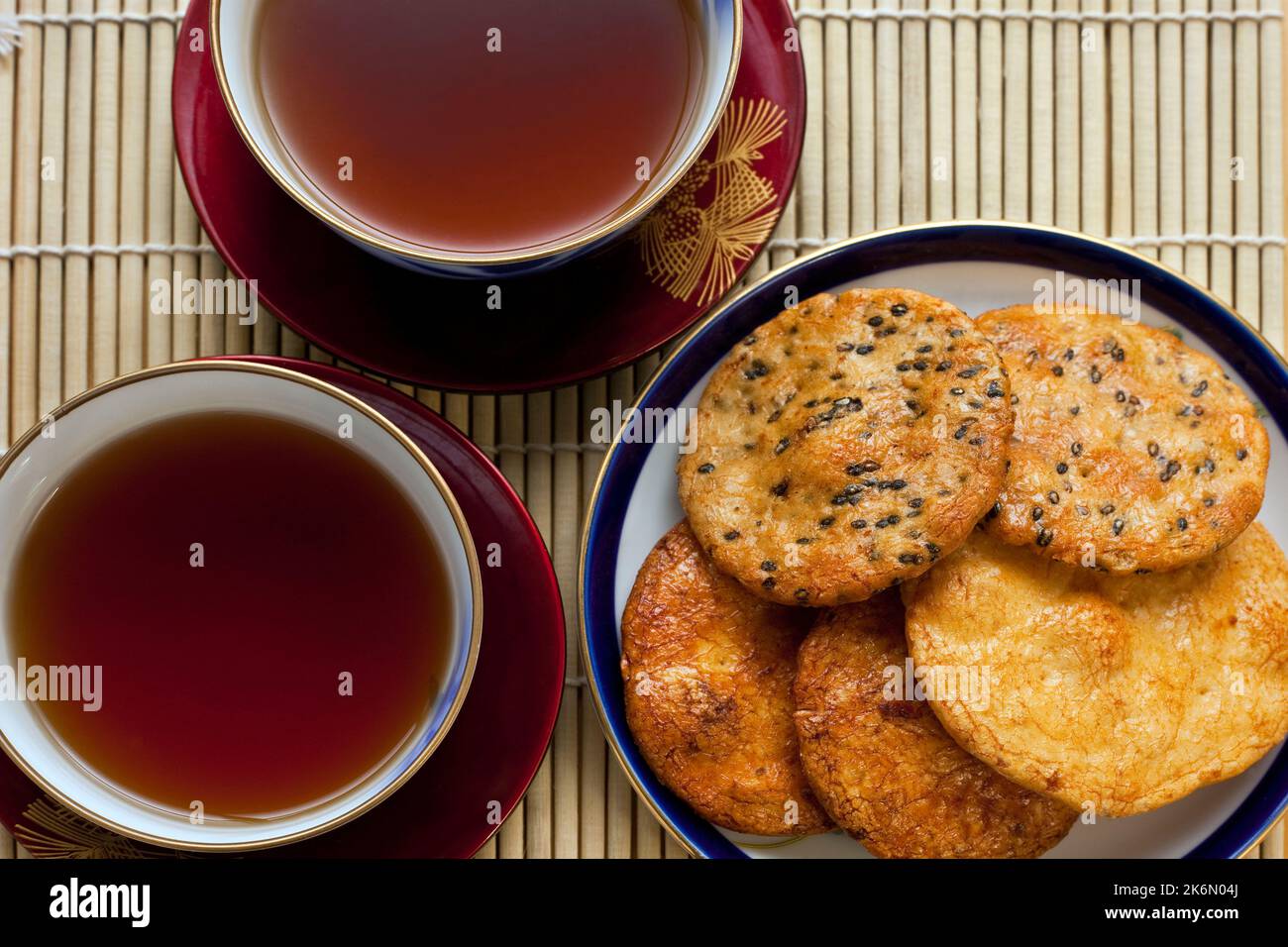 Senbei rice crackers tea Tokyo Japan Stock Photo