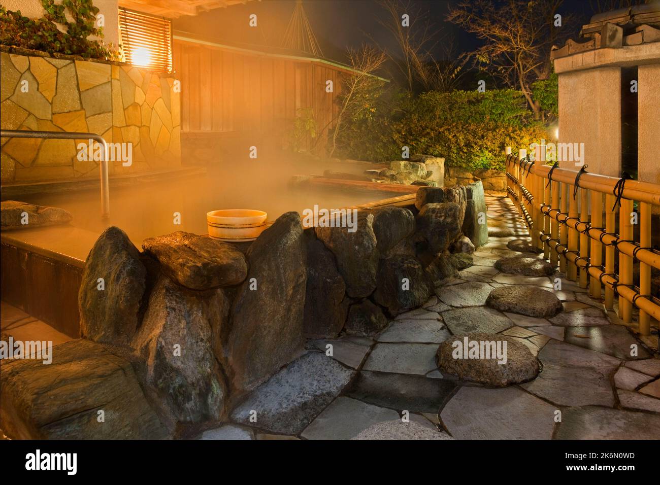 Steamy outdoor bath Onsen Ikaho Japan Stock Photo