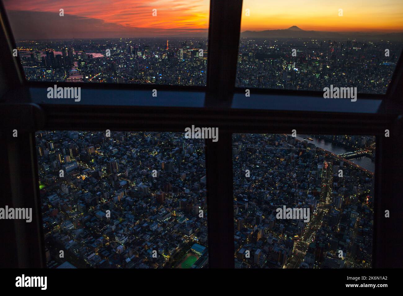 Sunset view to South West seeing Tokyo Tower and Mt Fuji at Tokyo Skytree in Oshiage, Tokyo, Japan Stock Photo
