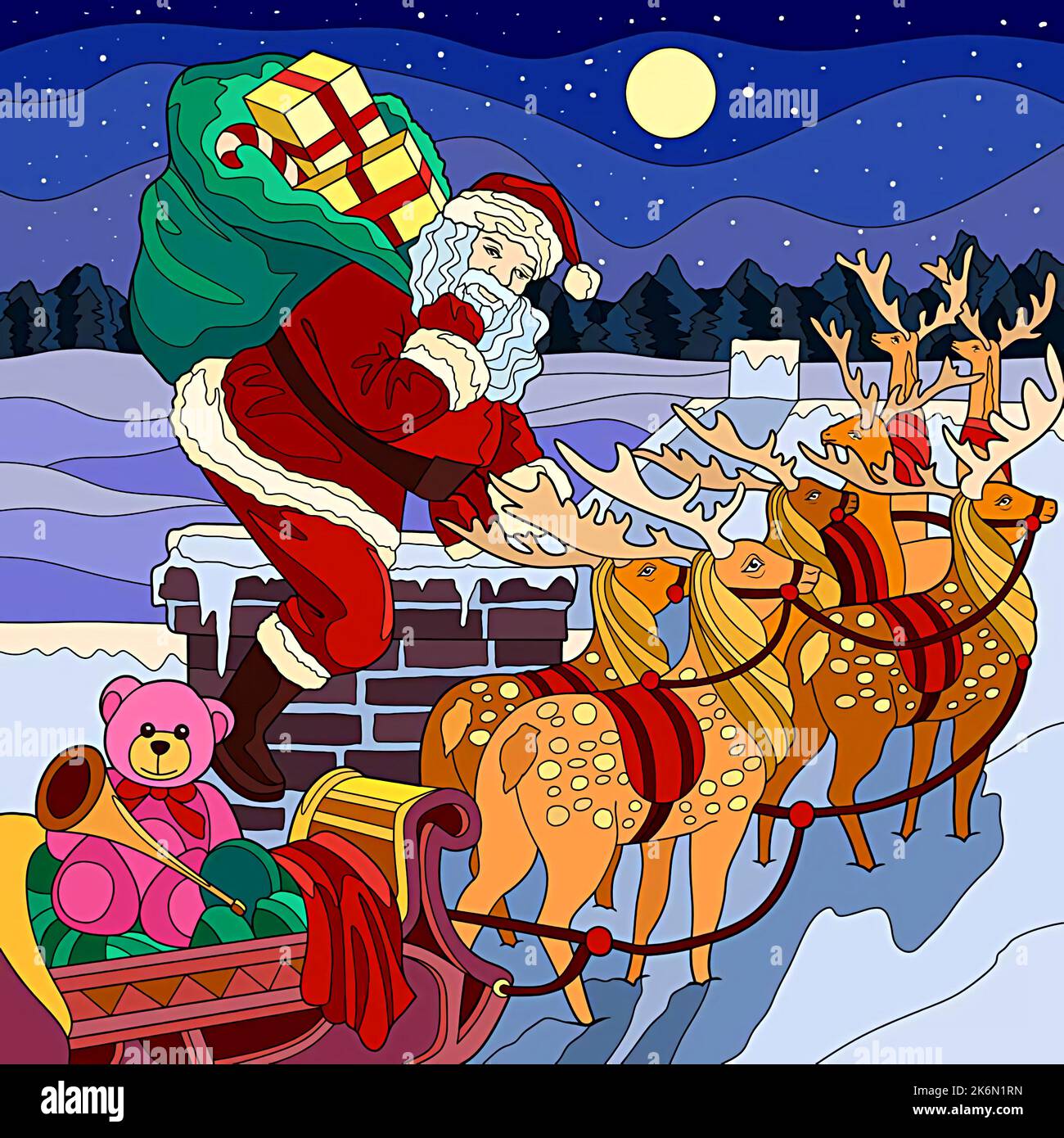 illustration of Santa Claus bringing christmas gifts and reindeer at ...