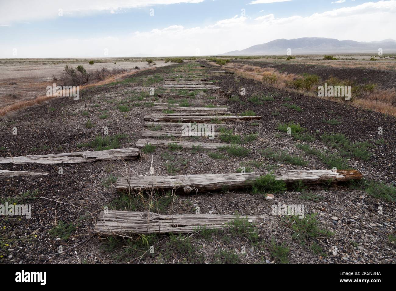 Railroad ties mark the location where the rails once were in the railroad town of Terrace in Utah's Great Salt Lake desert. Terrace was once the maint Stock Photo