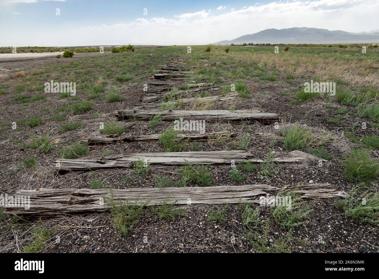 Railroad ties mark the location where the rails once were in the railroad town of Terrace in Utah's Great Salt Lake desert. Terrace was once the maint Stock Photo