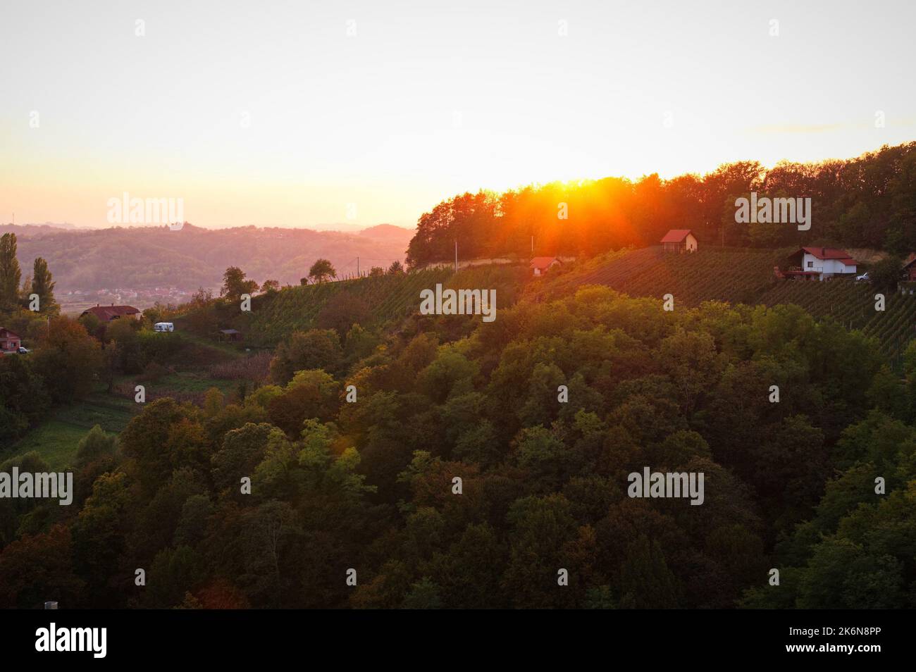 Scenic sunset over the rolling hills Stock Photo