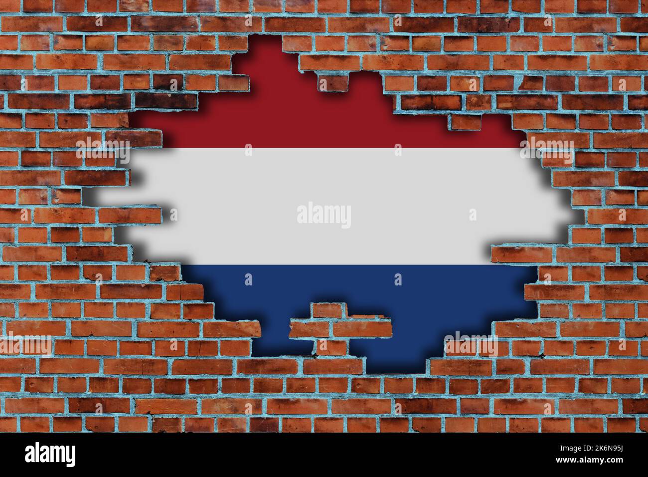3D Flag of Netherland behind the broken old stone wall background Stock ...