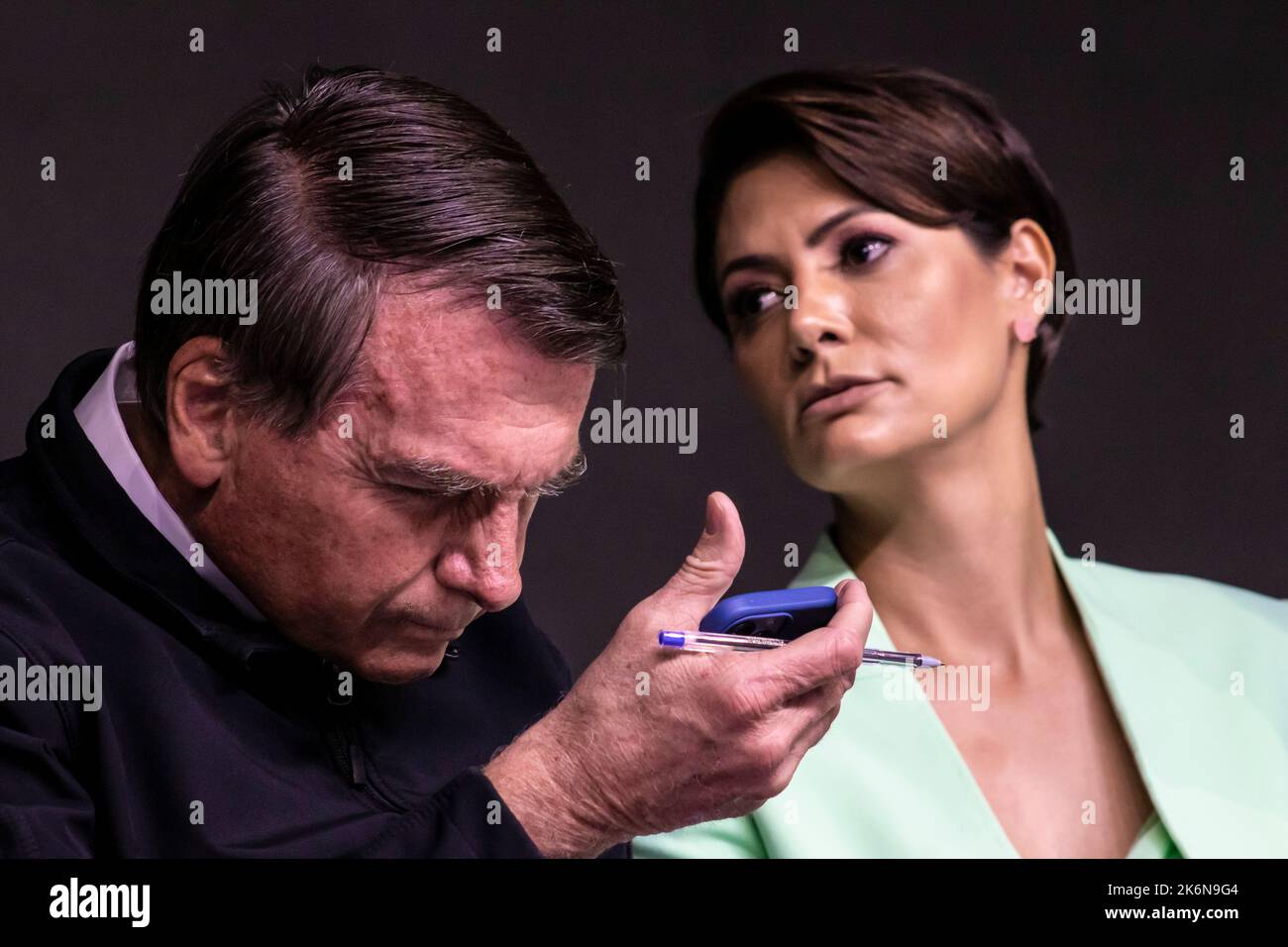 Sao Paulo, Brazil, August 09, 2022. Jair Messias Bolsonaro, Brazilian President and his wife MIchelle Bolsonaro in press conference. Stock Photo