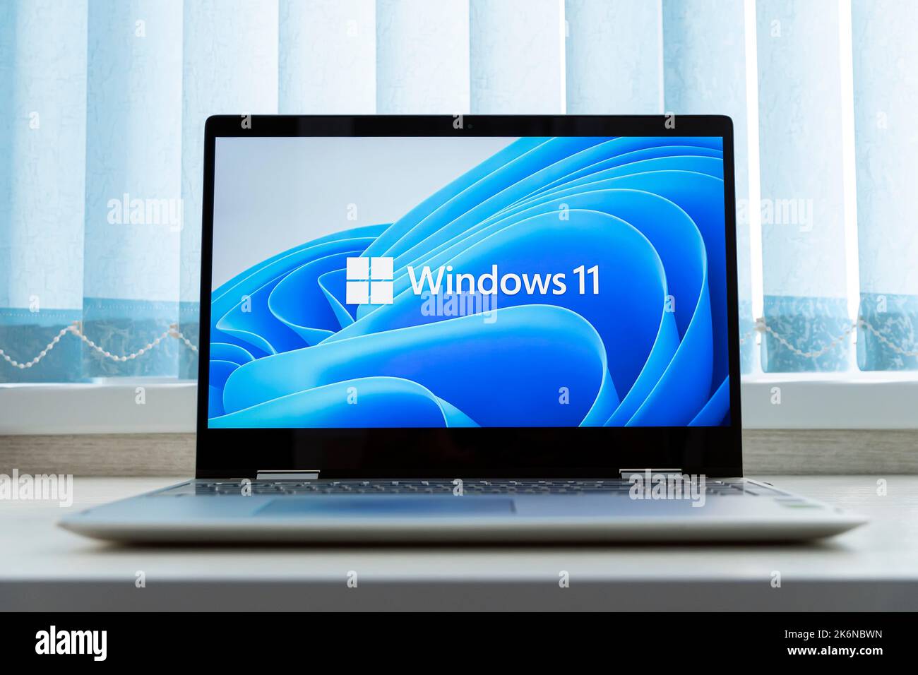 November 2, 2021. Barnaul, Russia. Windows 11 logo on laptop screen. A new operating system update from Microsoft Stock Photo
