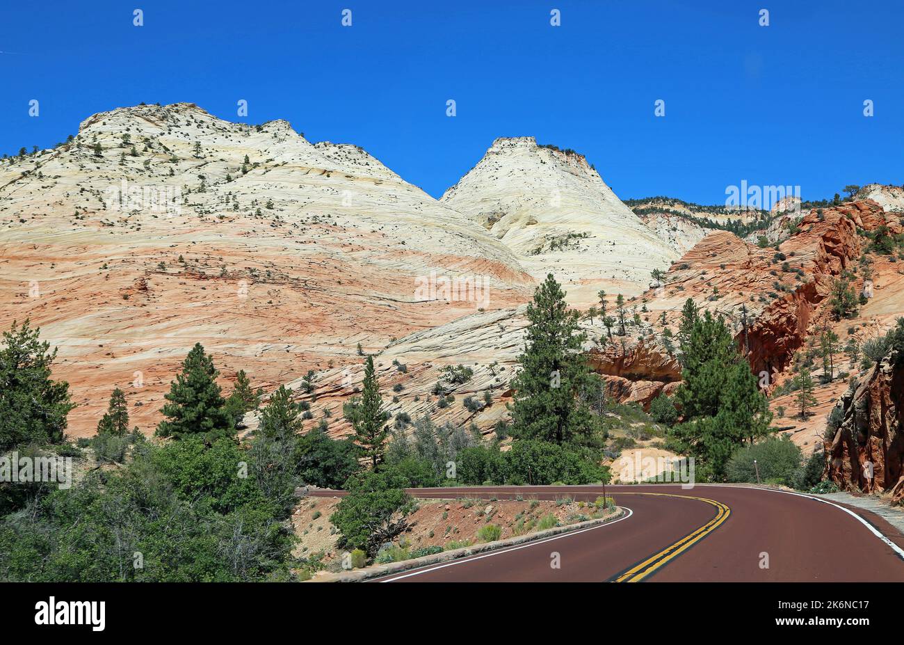 White cliffs and the road - Zion National Park, Utah Stock Photo
