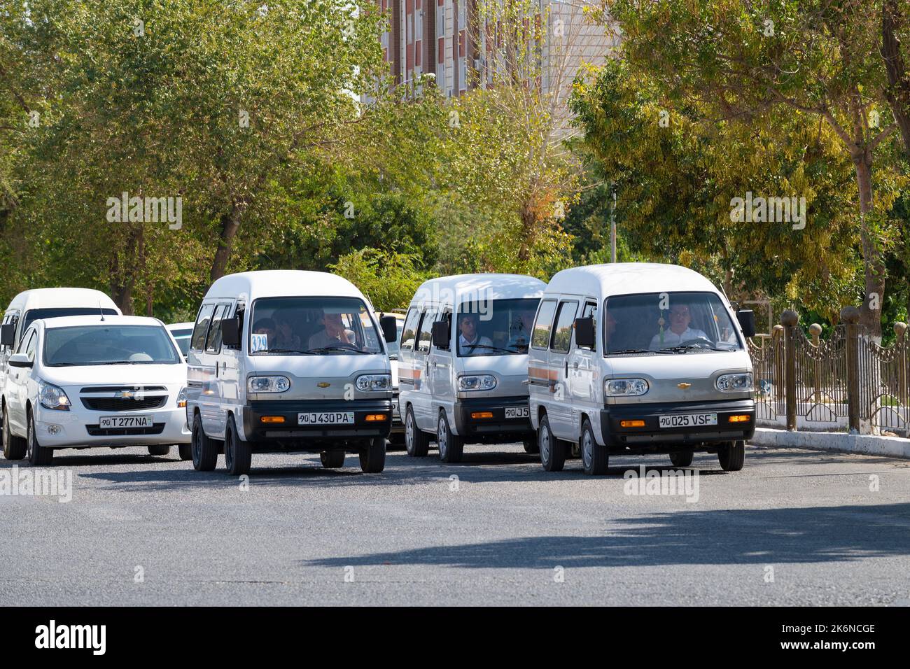 URGENCH, UZBEKISTAN SEPTEMBER 07, 2022 Chevrolet Damas minibuses on