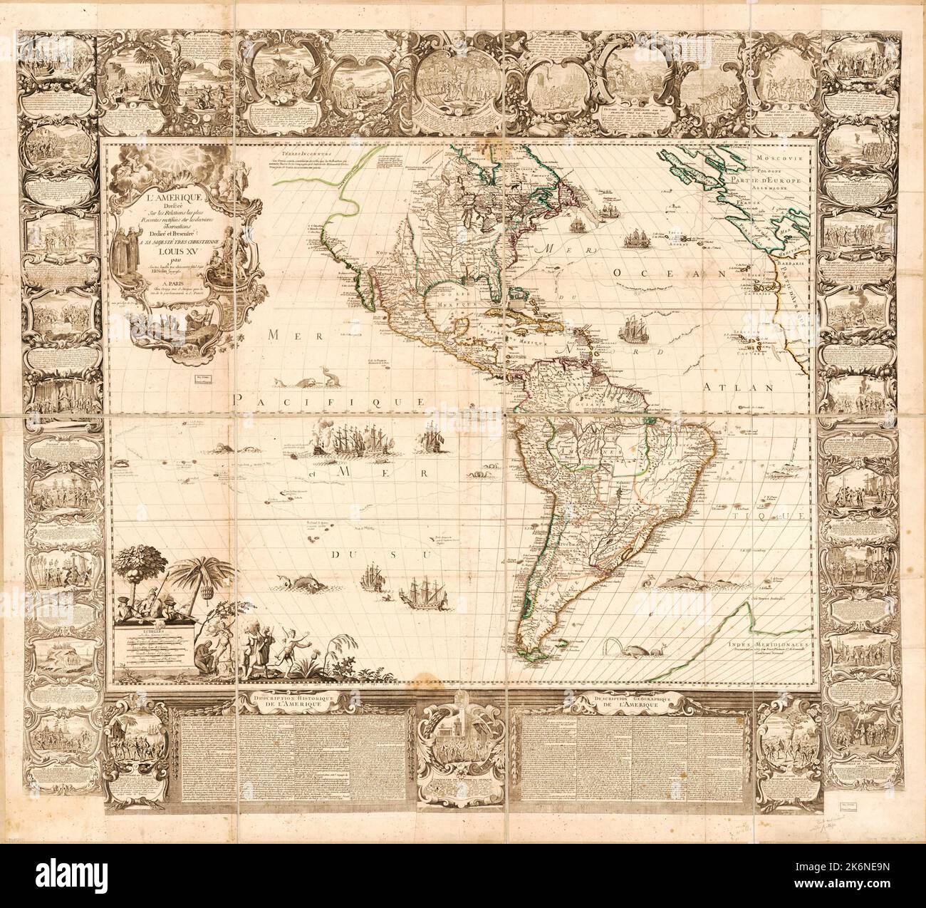 Vintage illustrated French map of the Americas showing the equator and both the Northern and Southern Hemispheres  ca. 1755 Stock Photo