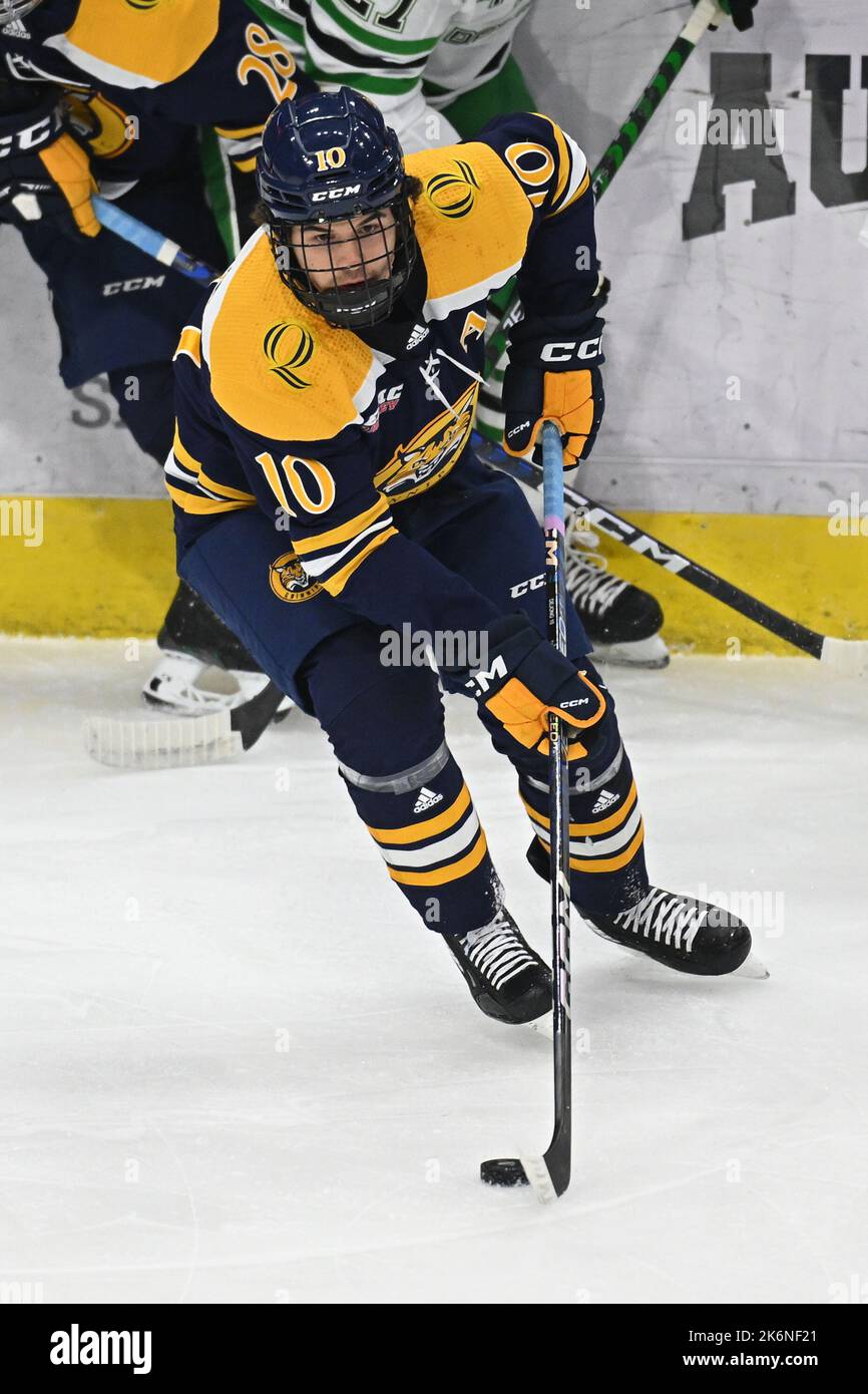Quinnipiac Bobcats forward Ethan de Jong (10) skates with the puck